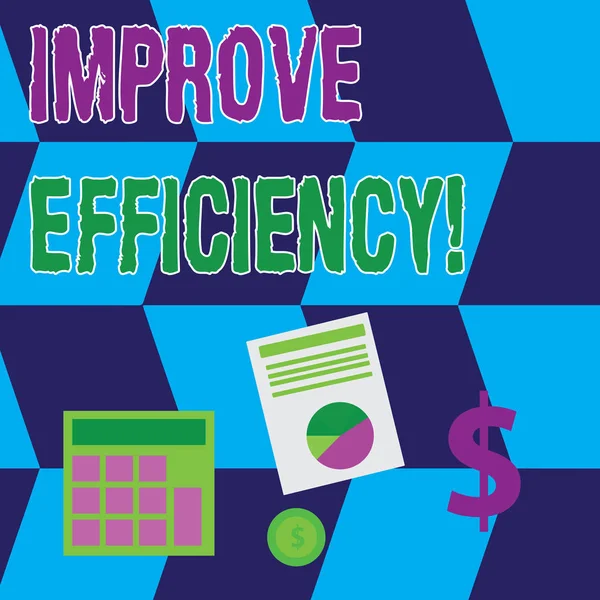 Signo de texto que muestra Mejorar la Eficiencia. Conceptual photo increase quality of being able to do a task successfully Computing Dollar Investment in Gold and Presenting Data thru Pie Chart Graph . — Foto de Stock