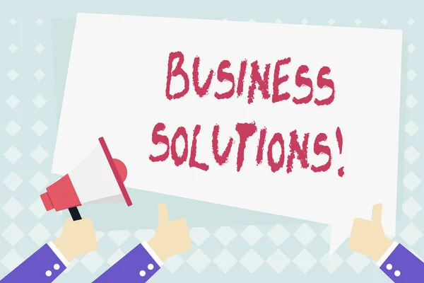 Conceptual hand writing showing Business Solutions. Business photo showcasing ideas used to help a company achieve its objectives Hand Holding Megaphone and Gesturing Thumbs Up Text Balloon.