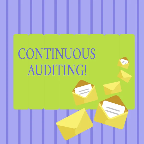 Writing note showing Continuous Auditing. Business photo showcasing Internal process that examines accounting practices Closed and Open Envelopes with Letter on Color Stationery. — Stock Photo, Image