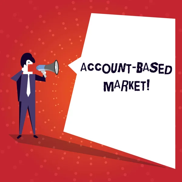 Writing note showing Account Based Market. Business photo showcasing resources target a key group of specific accounts Businessman Shouting on Megaphone and White Speech Bubble. — 스톡 사진