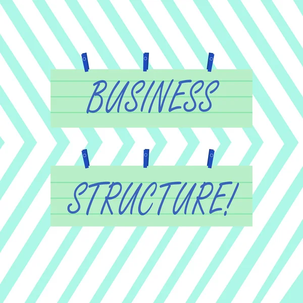 Word writing text Business Structure. Business concept for Organization framework that is legally recognized Two Color Blank Strip Size Lined Paper Sheet Hanging Using Blue Clothespin. — Stock Photo, Image