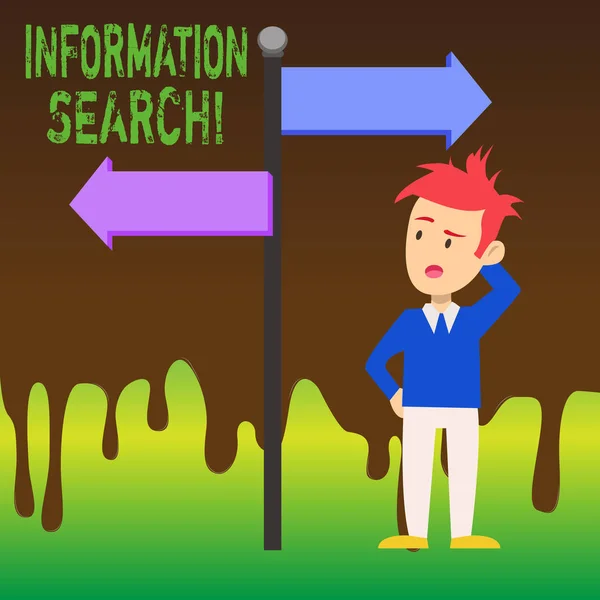 Word writing text Information Search. Business concept for options available to the consumer are identified Man Confused with the Road Sign Arrow Pointing to Opposite Side Direction. — Stock Photo, Image