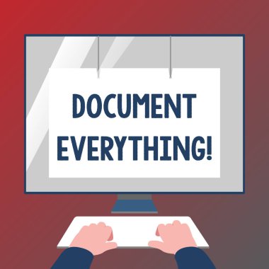 Belge Her şeyi gösteren kavramsal el yazısı. Ekran Koruyucusu ile Klavye Ön Beyaz Monitörde Eller yazdığınız metni içeren iş fotoğrafı vitrine.