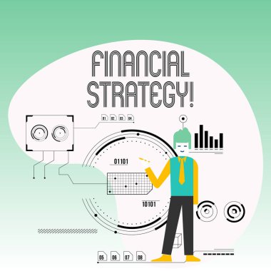 Text sign showing Financial Strategy. Conceptual photo plan to finance its overall operations to meet objectives Man Standing Holding Pen Pointing to Chart Diagram with SEO Process Icons.