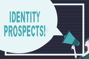 Kimlik Umutları gösteren kavramsal el yazısı. İş fotoğraf metni Potansiyel müşteri Nitelikli müşteri bir kuruluş Konuşma Bubble Round Shape olduğunu. Renkli Megafon Tutan Kadın.