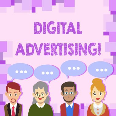 Dijital Reklamcılığı gösteren kavramsal el yazısı. Üç Noktalı Konuşma Balonu ile İnternet İş Adamları Grubu'nu kullanarak ürün veya hizmetlerin pazarlanması gösteren iş fotoğrafı.