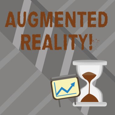 Kelime yazma metni Artırılmış Gerçeklik. Gerçek dünya çevresinin etkileşimli deneyimi için iş konsepti Başarılı Büyüme Çizelgesi Yukarı Giden Ok ve Kum Kaydırağıyla Kum Saati.