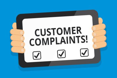 Kelime yazma müşteri şikayetleri. Bir tüketicinin memnuniyetsizliğini ifade etmek için iş konsepti, Gadget 'ın Arkasından Boş Ekran Elle tutulan Renk Tableti Akıllı telefonudur..