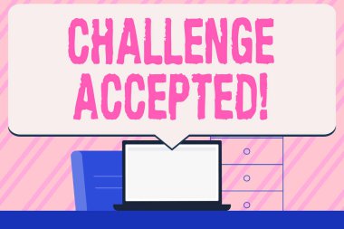 Challenge Accepted gösteren kavramsal el yazısı. İş fotoğraf metin katılmak veya rekabetçi bir durumda üstlenmek Konuşma Bubble İş Alanı Fikir Beyaz Laptop Ekran Işaret.