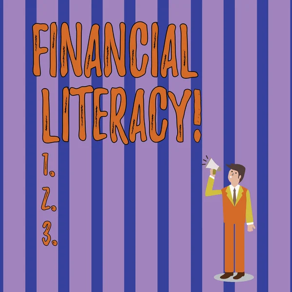 Writing note showing Financial Literacy. Business photo showcasing education and understanding of various financial areas Businessman Looking Up and Talking on Megaphone with Volume Icon.