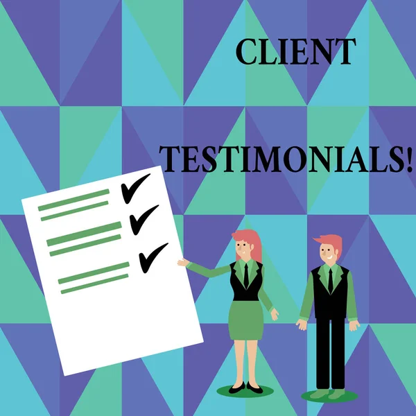 Text sign showing Client Testimonials. Conceptual photo Written recommendation from a satisfied customer Man and Woman in Business Suit Presenting Report of Check and Lines on Paper. — Stock Photo, Image