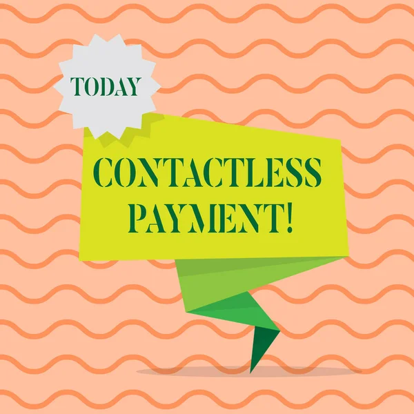 Word writing text Contactless Payment. Business concept for use near field communication for making secure payments Blank Space Green Two Tone Folded Back Banner Strip with Seal Stamp Sticker.