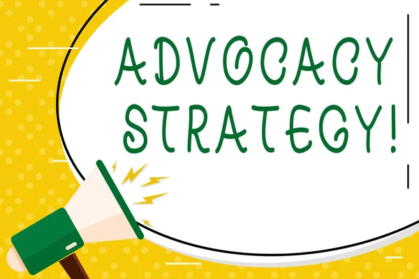 Nota scritta che illustra la strategia di advocacy. Attività di presentazione di foto aziendali da parte di un individuo che mira a influenzare le decisioni Adesivo forma ovale e Megafono urlando con l'icona del volume . — Foto Stock