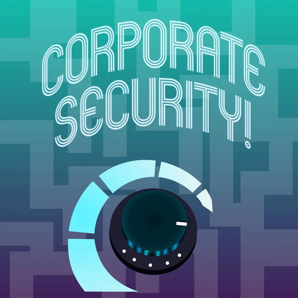 Text sign showing Corporate Security. Conceptual photo practice of protecting business property and information Volume Control Metal Knob with Marker Line and Colorful Loudness Indicator.