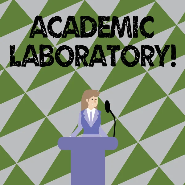 Text sign showing Academic Laboratory. Conceptual photo where students can go to receive academic support Businesswoman Standing Behind Podium Rostrum Speaking on Wireless Microphone. — 스톡 사진