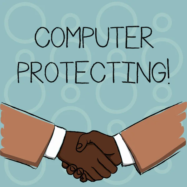 Writing note showing Computer Protecting. Business photo showcasing protecting computer against unauthorized intrusions Businessmen Shaking Hands Form of Greeting and Agreement.