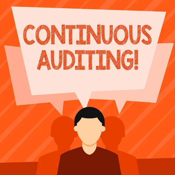 Word writing text Continuous Auditing. Business concept for Internal process that examines accounting practices Faceless Man has Two Shadows Each has Their Own Speech Bubble Overlapping.