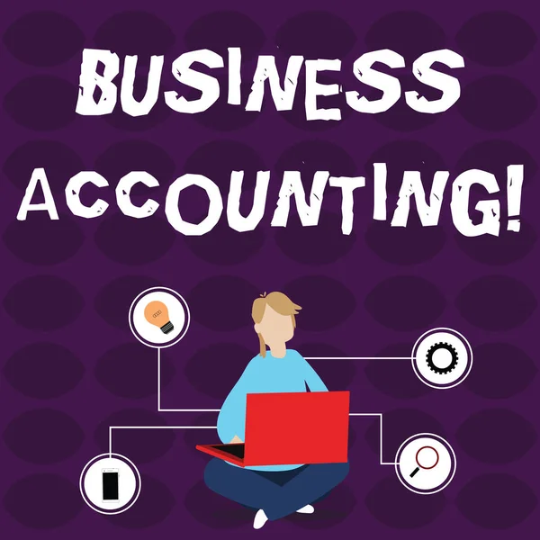 Woord schrijven tekst Business Accounting. Bedrijfsconcept voor het interpreteren en presenteren van financiële informatie Vrouw Zittend Gekruiste Benen op de vloer Surfen op de laptop met technische iconen. — Stockfoto