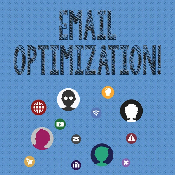 Writing note showing Email Optimization. Business photo showcasing email marketer to maximize the effectiveness of campaign Networking Technical Icons Chat Heads on Screen for Link Up.