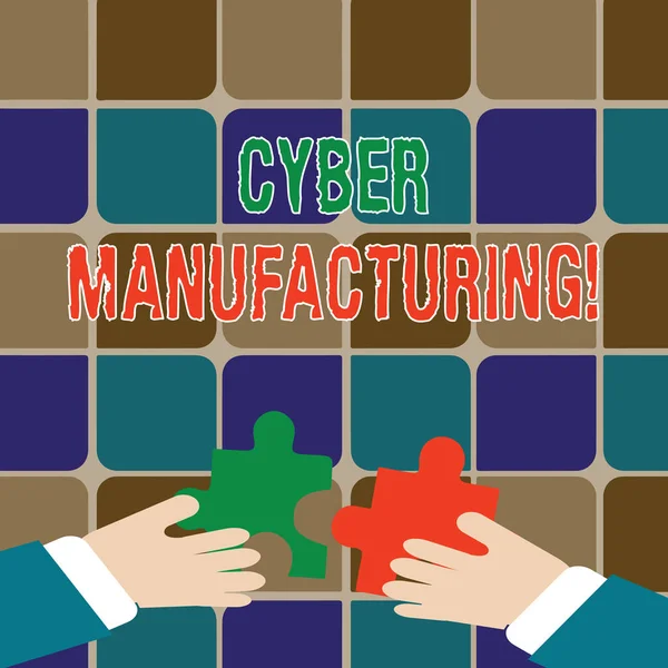 Writing note showing Cyber Manufacturing. Business photo showcasing transformative concept that aims the translation of data Hands Holding Jigsaw Puzzle Pieces about Interlock the Tiles. — Stock Photo, Image