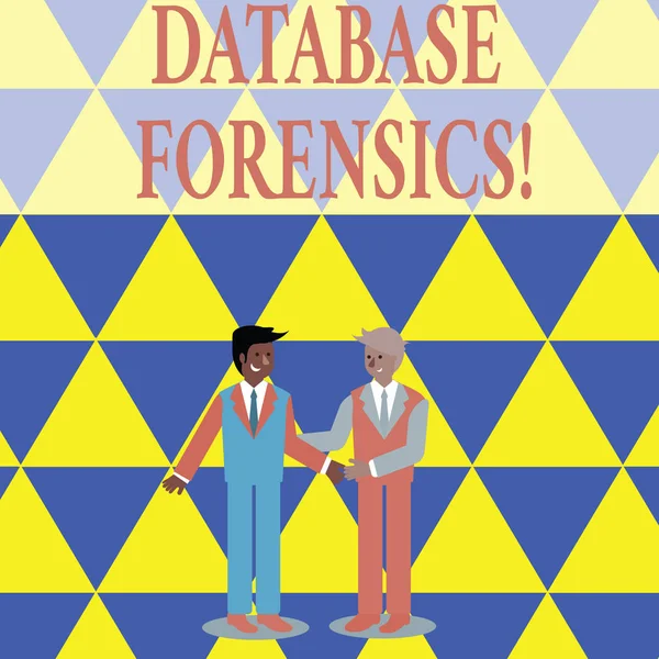 Text sign showing Database Forensics. Conceptual photo identifying transactions within a database system Two Businessmen Standing, Smiling and Greeting each other by Handshaking. — Stock fotografie