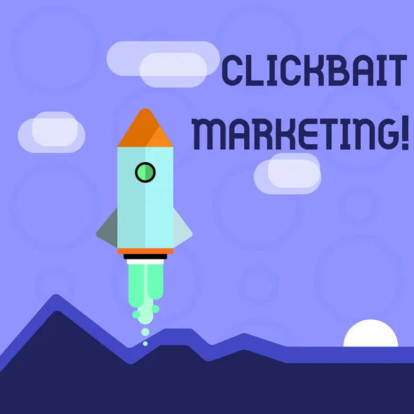 Clickbait Marketing'i gösteren kavramsal el yazısı. Sayfa görüntülemeleri oluşturmayı amaçlayan Çevrimiçi içeriği sergileyen Renkli Uzay Aracı Mekiği Yeni İş Başlatma. — Stok fotoğraf