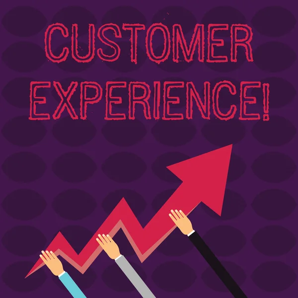 Handwriting text writing Customer Experience. Concept meaning product of an interaction between a client and customer Three Hands Holding Colorful Zigzag Lightning Arrow Pointing and Going Up. — Stock Photo, Image