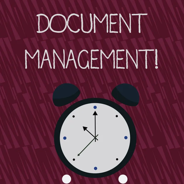 Writing note showing Document Management. Business photo showcasing Computerized analysisagement of electronic documents Colorful Round Analog Two Bell Alarm Desk Clock with Seconds Hand photo. — Stock Photo, Image