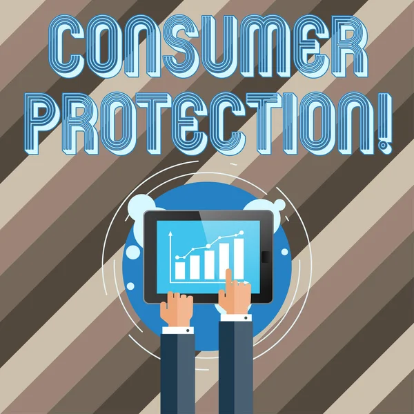 Segno di testo che mostra la protezione dei consumatori. Regolazione concettuale delle foto che mira a proteggere i diritti dei consumatori Businessman Hand Touching Pointing to Bar Line Chart sullo schermo dello smartphone . — Foto Stock