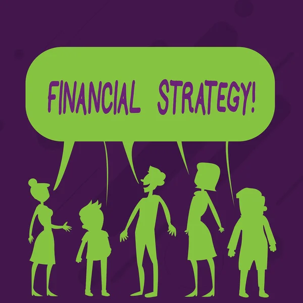 Szövegírás Pénzügyi stratégia. Üzleti koncepció a terv finanszírozására az általános műveletek, hogy megfeleljen a célkitűzéseknek Sziluett ábra az emberek beszél és megosztása Egy színes beszéd buborék. — Stock Fotó