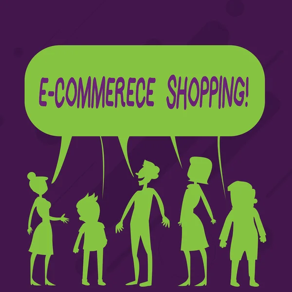 Word writing text E Commerce Shopping. Business concept for directly buy goods or service from a seller over the web Silhouette Figure of People Talking and Sharing One Colorful Speech Bubble. — 스톡 사진