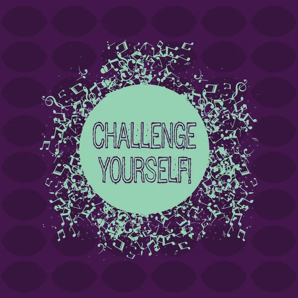 Text sign showing Challenge Yourself. Conceptual photo opportunity to be part of something bigger than ourselves Disarrayed and Jumbled Musical Notes Icon Surrounding Blank Colorful Circle. — Stock Photo, Image