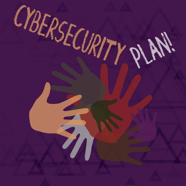Szöveges jel mutatja CyberSecurity terv. Fogalmi fotó technikák védelme számítógép és rendszer támadások színes kézjelekkel különböző méretű átfedés a csapatmunka és a kreativitás. — Stock Fotó