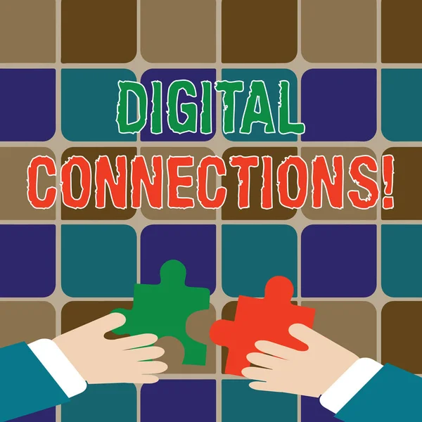 Writing note showing Digital Connections. Business photo showcasing the online way to explore and build relationships Hands Holding Jigsaw Puzzle Pieces about Interlock the Tiles.