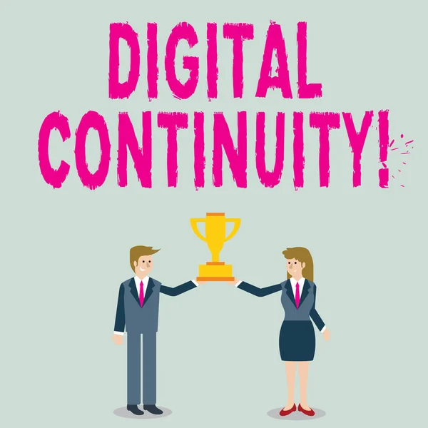 Word writing text Digital Continuity. Business concept for ability to maintain the digital information of a creator Man and Woman in Business Suit Holding Together the Championship Trophy Cup.