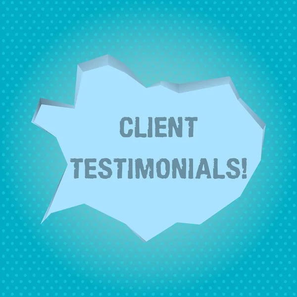 Word writing text Client Testimonials. Business concept for Written recommendation from a satisfied customer Blank Pale Blue Speech Bubble in Irregular Cut Edge Shape 3D Style Backdrop. — 스톡 사진