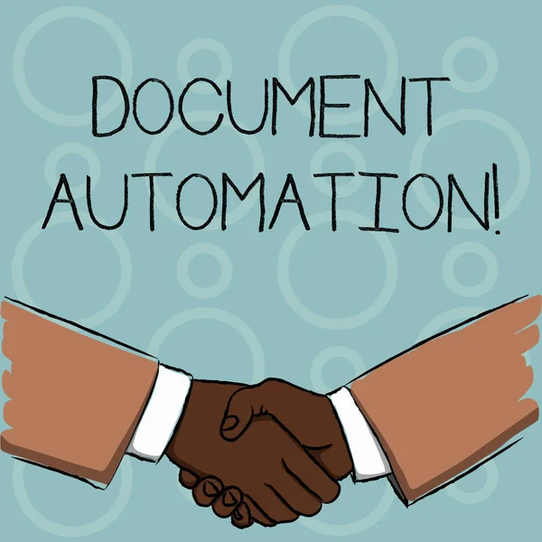 Schrijfnotitie met documentautomatisering. Bedrijfsfoto presentatie workflows die helpen bij het maken van elektronisch document Zakenmensen schudden handen Vorm van groet en overeenkomst. — Stockfoto