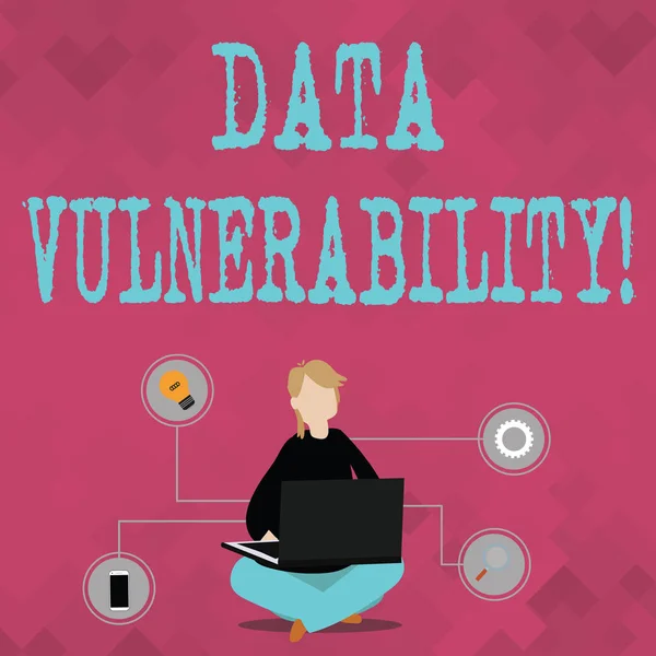 Writing note showing Data Vulnerability. Business photo showcasing weakness of a data which can be exploited by an attacker Woman Sitting with Crossed Legs on Floor Browsing the Laptop. — Stock Photo, Image