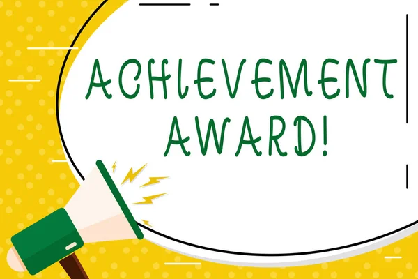 Writing note showing Achievement Award. Business photo showcasing recognizes worthy and outstanding achievement in job skill Oval Shape Sticker and Megaphone Shouting with Volume Icon. — 스톡 사진