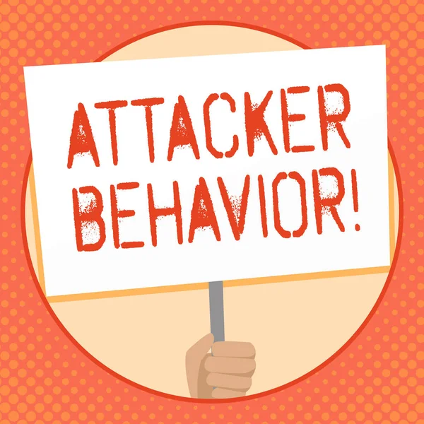 Writing note showing Attacker Behavior. Business photo showcasing analyze and predict the attacker behavior of the attack Hand Holding White Placard Supported for Social Awareness.