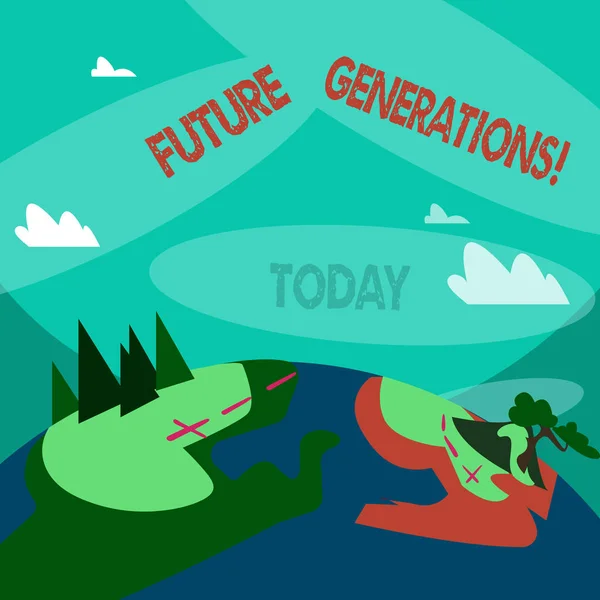 Ordskrivning text Framtida generationer. Affärsidé för kommande generationer efter den nu levande generationen Mountain View med markerade vandringsleder och vandringsleder för utomhusreklam. — Stockfoto