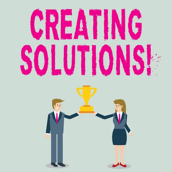 Word writing text Creating Solutions. Business concept for Make ways to solve a problem or dealing with situation Man and Woman in Business Suit Holding Together the Championship Trophy Cup. — 스톡 사진