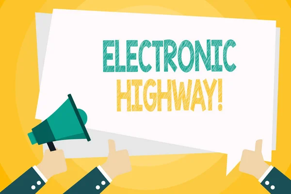 Text sign showing Electronic Highway. Conceptual photo Digital communication system used in the road or highway Hand Holding Megaphone and Other Two Gesturing Thumbs Up with Text Balloon. — 图库照片