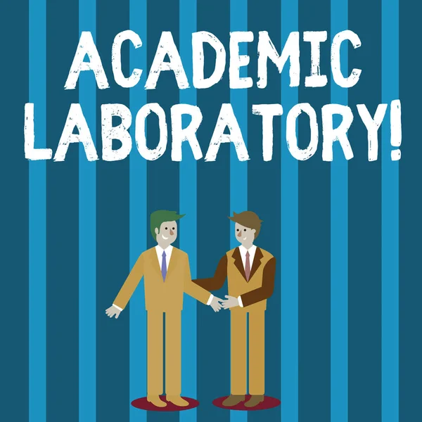 Word writing text Academic Laboratory. Business concept for where students can go to receive academic support Two Businessmen Standing, Smiling and Greeting each other by Handshaking. — 스톡 사진