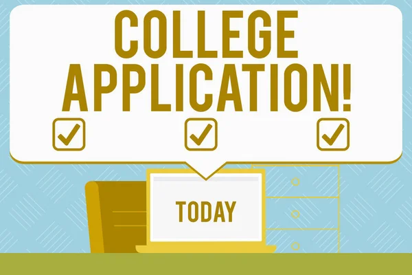 Writing note showing College Application. Business photo showcasing individuals apply to gain entry into a college Blank Huge Speech Bubble Pointing to the White Laptop Screen.