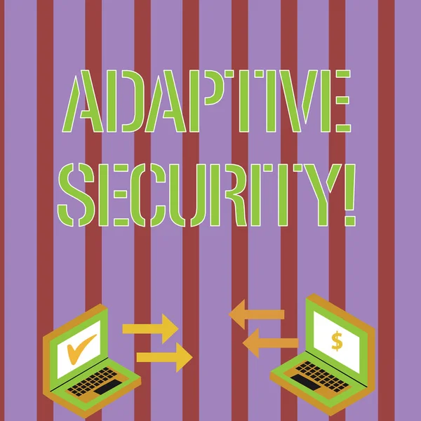 Writing note showing Adaptive Security. Business photo showcasing analyzes behaviors and events to protect against threat Arrow Icons Between Two Laptop Currency Sign and Check Icons. — 스톡 사진
