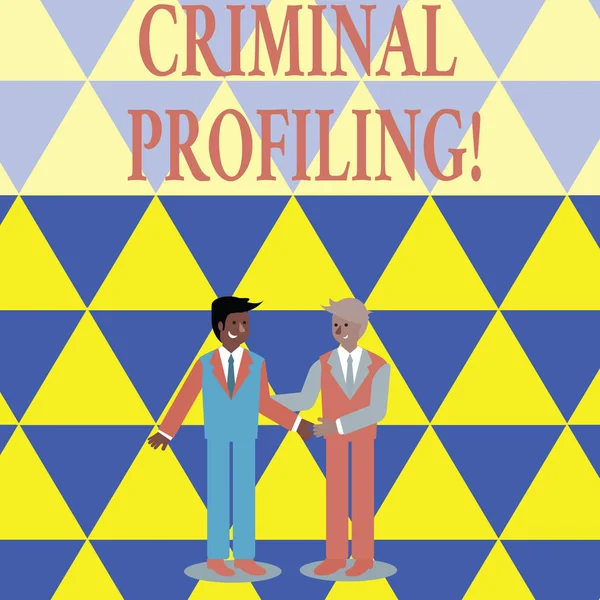 犯罪者プロファイリングを示すテキスト記号。概念写真 まだ2人のビジネスマンが立って、笑顔で、握手でお互いに挨拶を逮捕していない犯罪者のためのプロファイルを開発します. — ストック写真