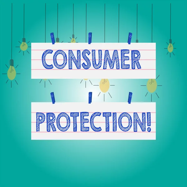 Word writing text Consumer Protection. Business concept for regulation that aim to protect the rights of consumers Two Color Blank Strip Size Lined Paper Sheet Hanging Using Blue Clothespin.