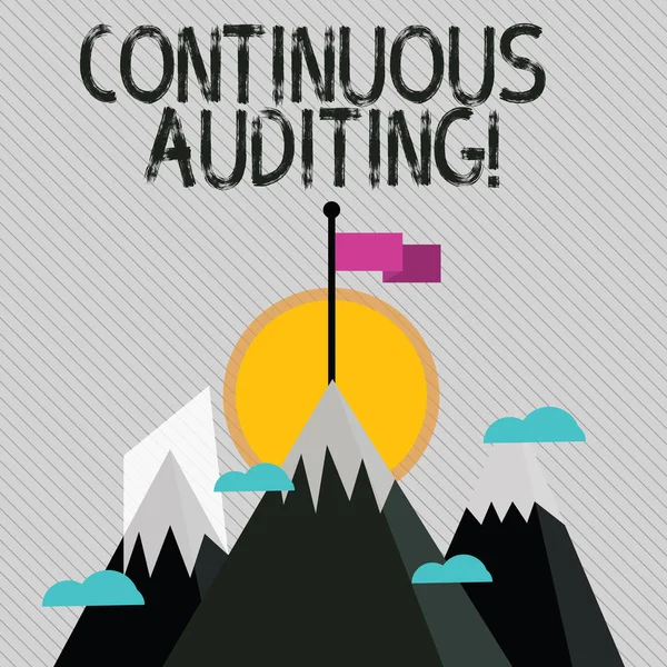 Text sign showing Continuous Auditing. Conceptual photo Internal process that examines accounting practices Three High Mountains with Snow and One has Blank Colorful Flag at the Peak. — Stock Photo, Image