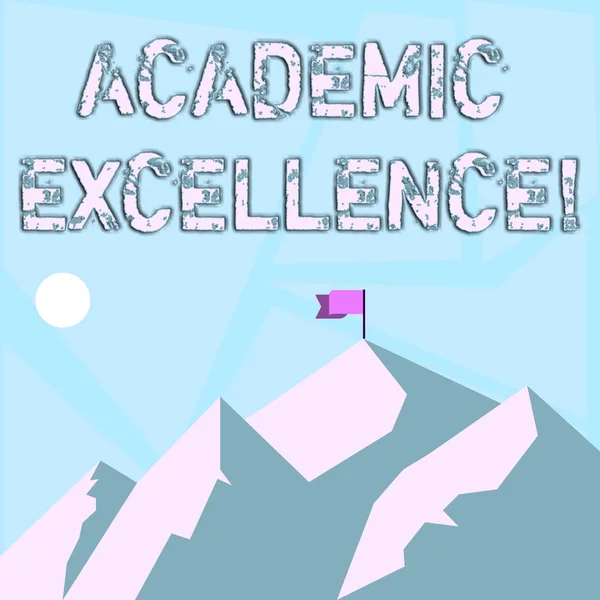 Word writing text Academic Excellence. Business concept for Achieving high grades and superior perforanalysisce Mountains with Shadow Indicating Time of Day and Flag Banner on One Peak.